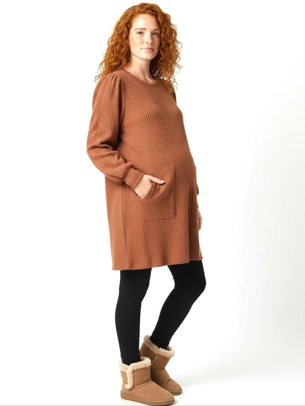 OFEEFAN Soft Ribbed Knit Long Sleeve Round Neck Caramel Tunic Front Pockets MED